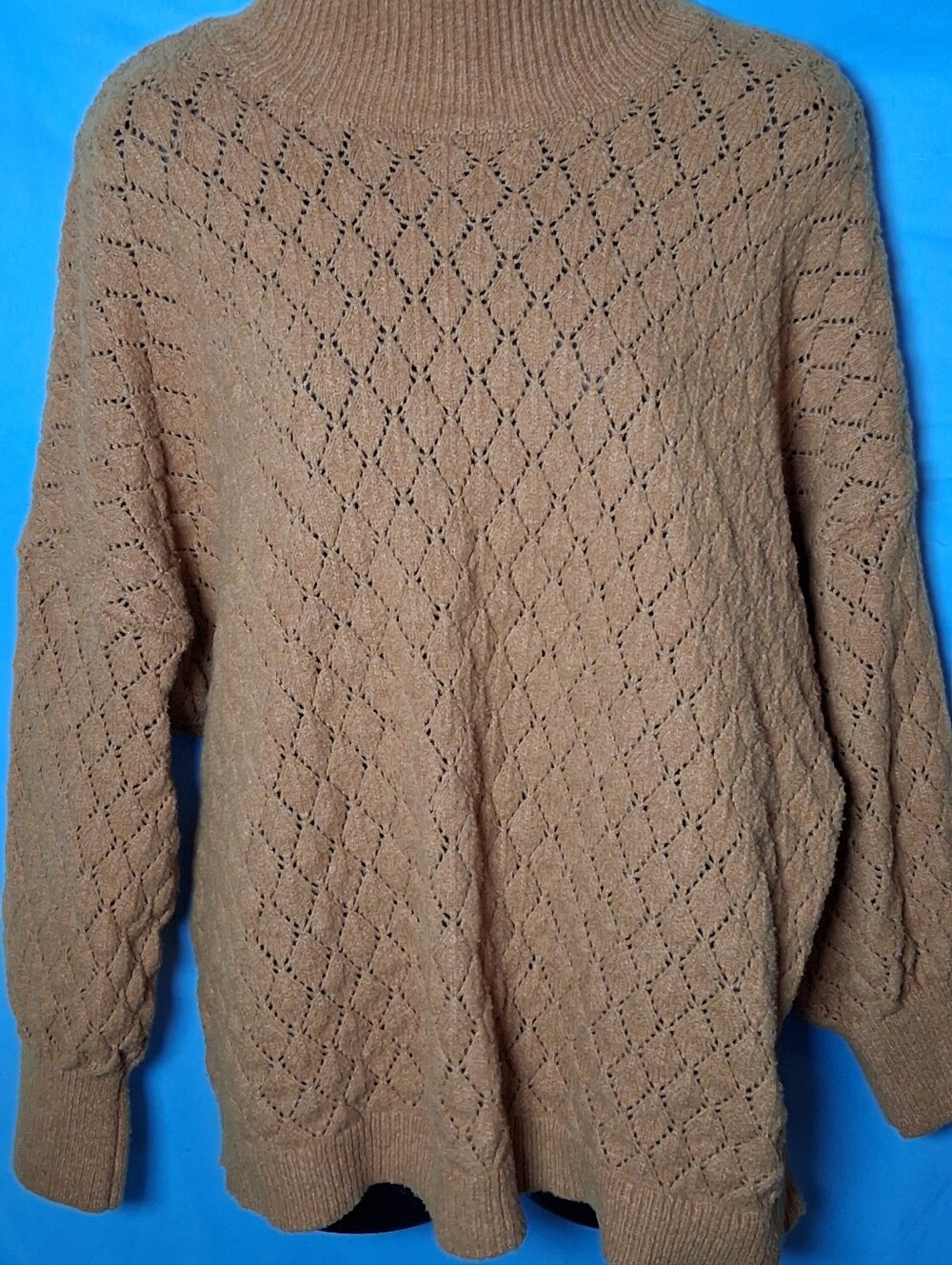 Wonderly Camel Brown Diamond Pointelle Mock Neck Sweater - Size L